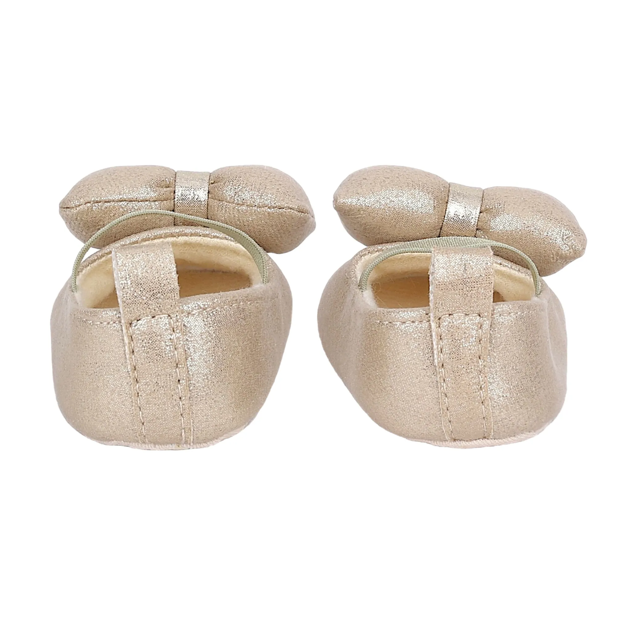 Baby Moo Partywear Shiny Bow Elastic Strap Anti-Skid Ballerina Booties - Gold