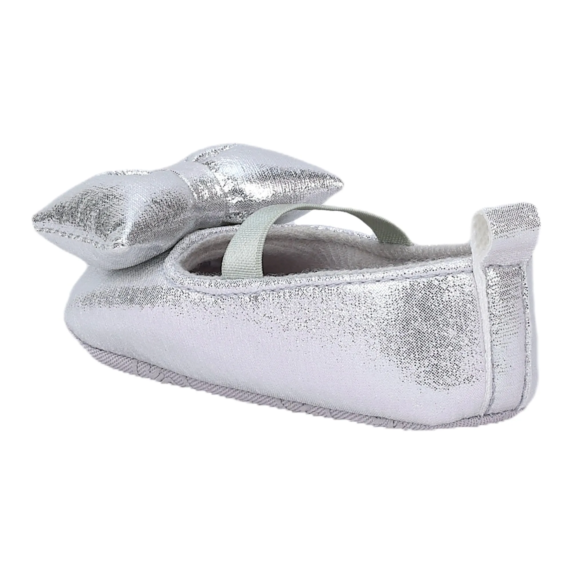 Baby Moo Partywear Shiny Bow Elastic Strap Anti-Skid Ballerina Booties - Silver