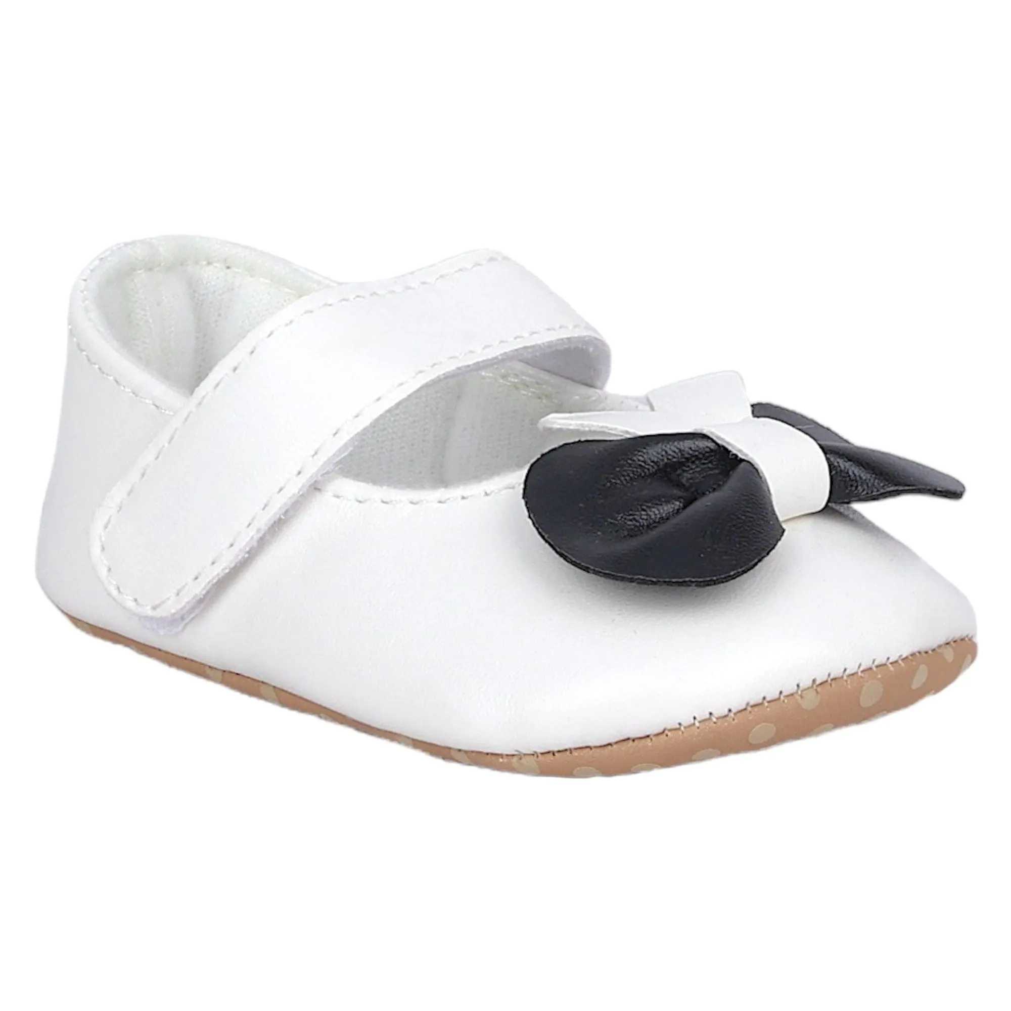 Baby Moo Vegan Leather Bow Velcro Strap Anti-Skid Ballerina Booties - White