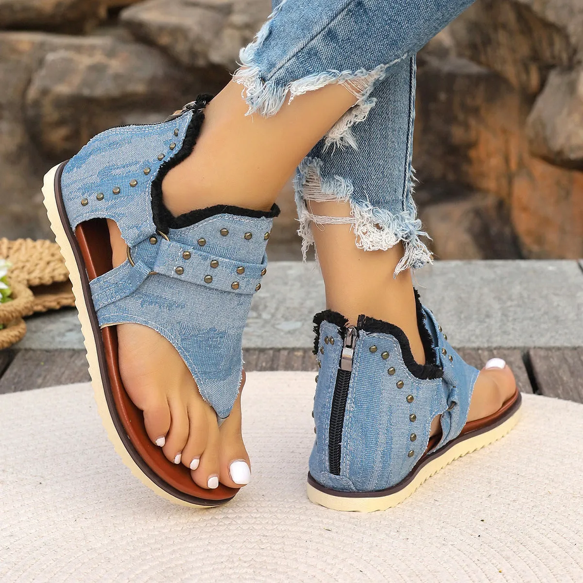 Denim Canvas Studded Thong Sandals